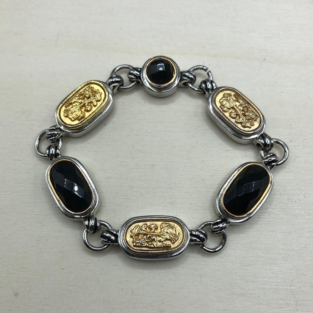 Vintage faux gemstone textured art bracelet-links mixed metal.
